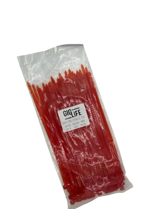 Cable Ties - Red - 5mm x 200mm Long - Pack of 100